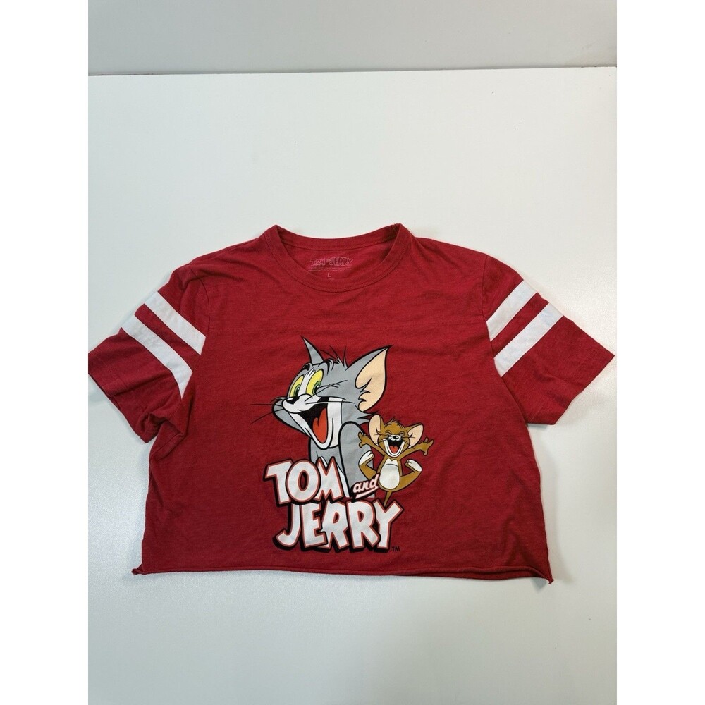 Junior Womens Tom And Jerry Cat Mouse Red Crop T-Shirt Shirt Top Large